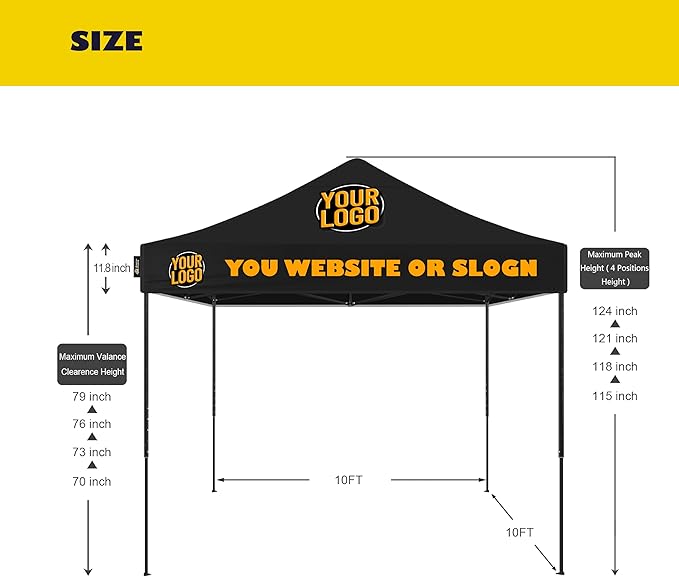 Custom 10×10 Pop-Up Canopy – Portable Commercial Tent with Steel Frame, Height-Adjust, Water-Resistant Top for Markets, Camping & Survival Gear