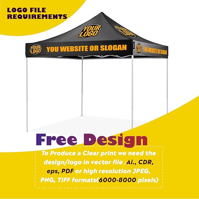 Custom 10×10 Pop-Up Canopy – Portable Commercial Tent with Steel Frame, Height-Adjust, Water-Resistant Top for Markets, Camping & Survival Gear