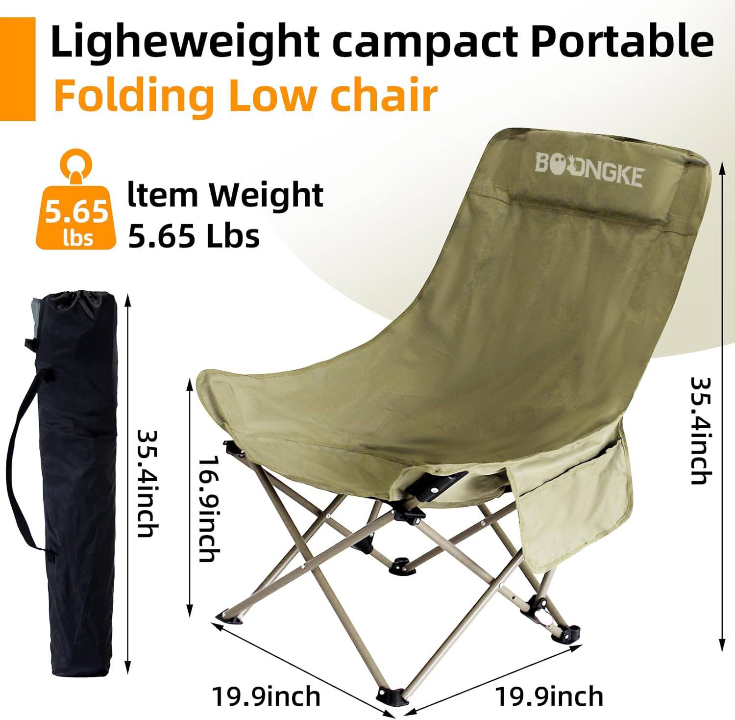 Folding Portable Camping Chair, Built in Headrest Ultralight Camping Chairs for Adults with Side Pocket and Carry Bag, Up to 300lbs for Beach, Camping, Fishing, Sports, Trip (1, Khaki)