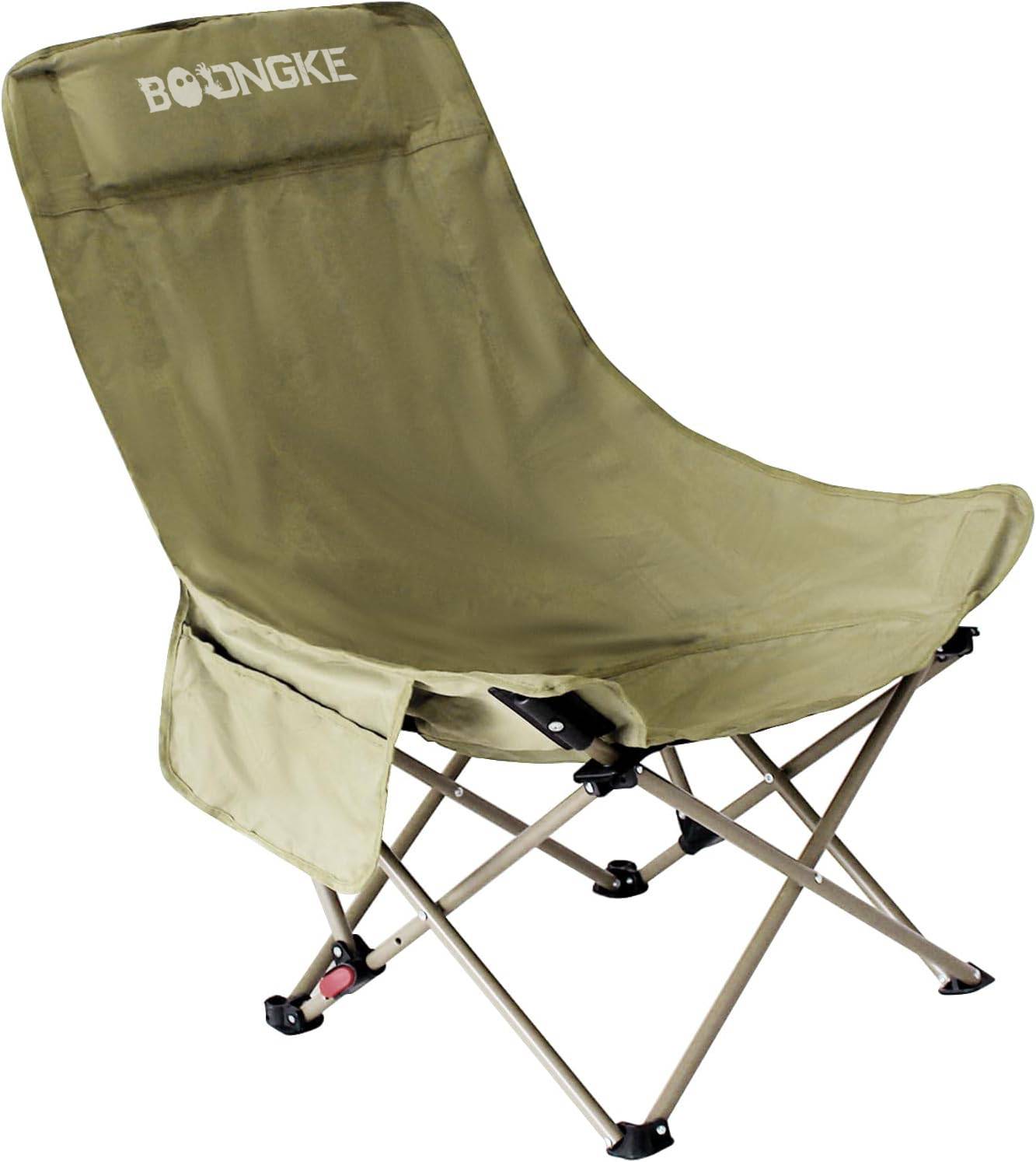 Folding Portable Camping Chair, Built in Headrest Ultralight Camping Chairs for Adults with Side Pocket and Carry Bag, Up to 300lbs for Beach, Camping, Fishing, Sports, Trip (1, Khaki)