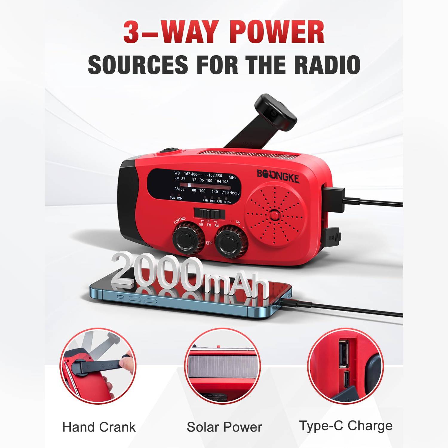 Hand Crank Emergency Radio - 2000mAh/7400mWh AM/FM/NOAA Solar Radio with 3 LED Flashlights, SOS Function