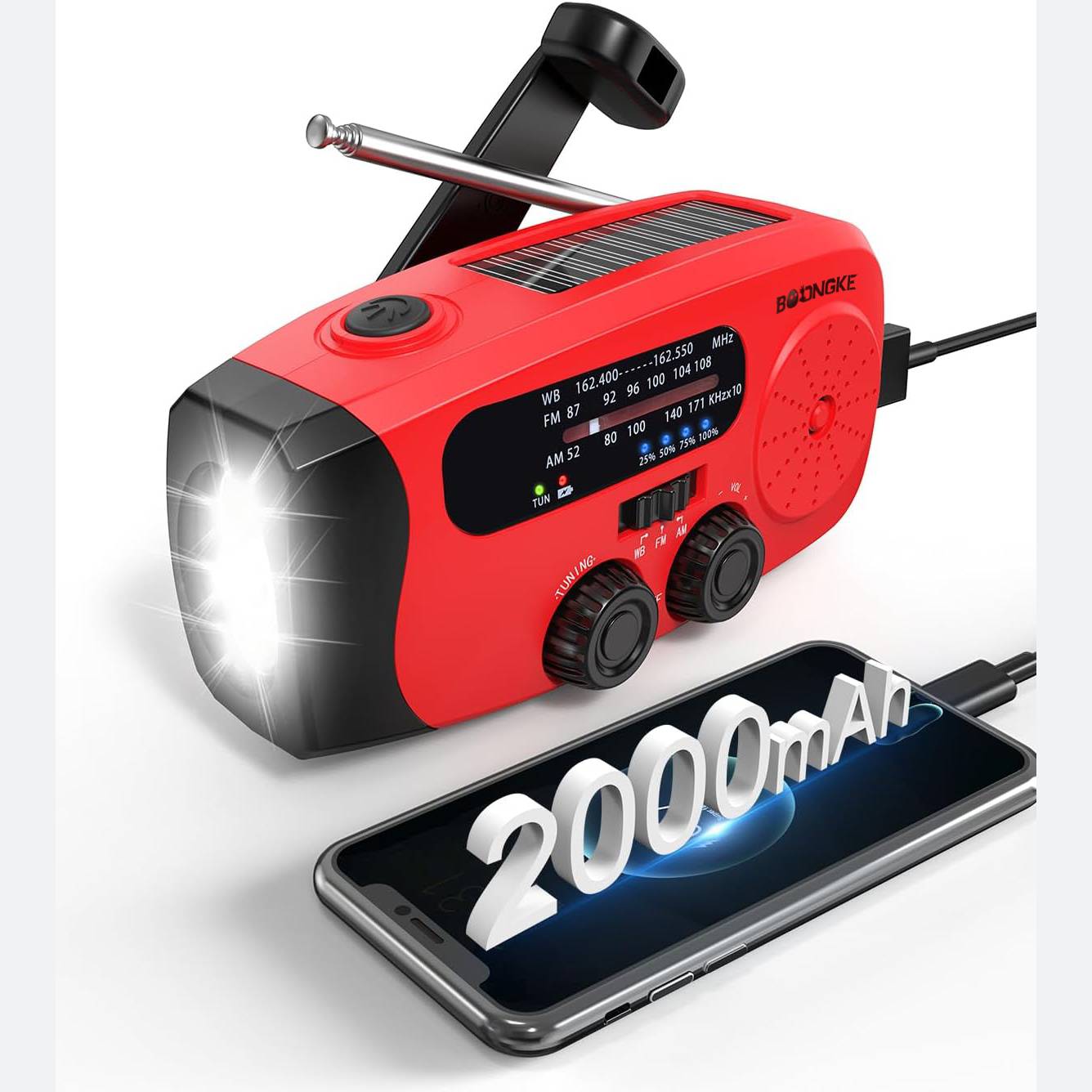 Hand Crank Emergency Radio - 2000mAh/7400mWh AM/FM/NOAA Solar Radio with 3 LED Flashlights, SOS Function