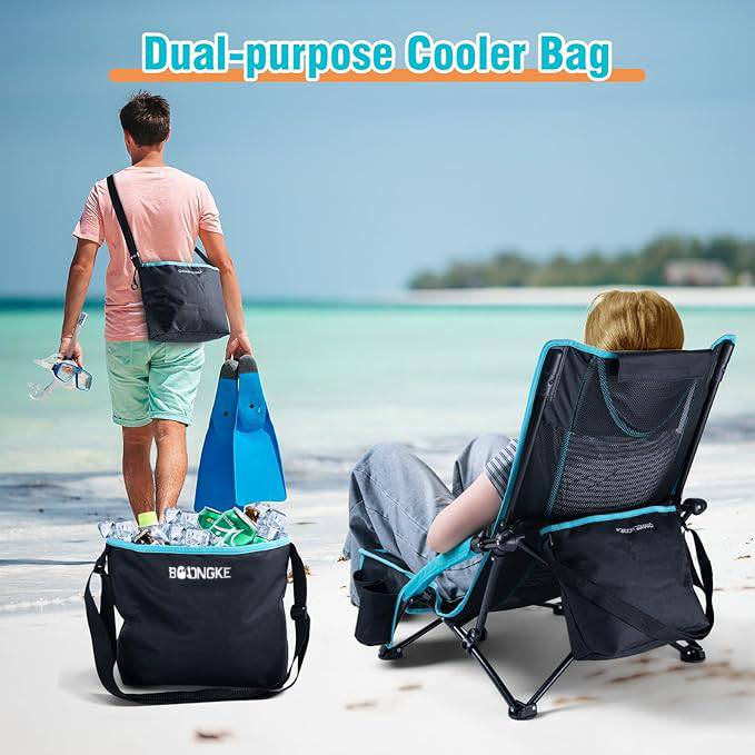 Low Beach Chair with 2-in-1 Cooler Bag, 1 Pack Support up to 300lbs Folding Beach Chairs for Adults with Cup Holder, Removable Pillow & Carry Bag for Outdoor Sand Lawn Picnic Travel Blue