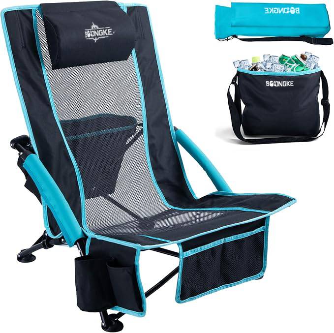 Low Beach Chair with 2-in-1 Cooler Bag, 1 Pack Support up to 300lbs Folding Beach Chairs for Adults with Cup Holder, Removable Pillow & Carry Bag for Outdoor Sand Lawn Picnic Travel Blue