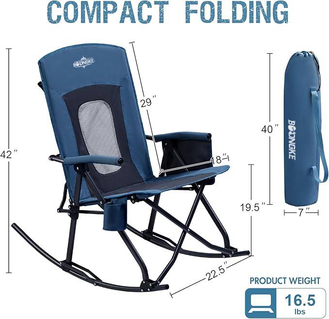 Oversized Folding Rocking Camping Chair Portable Outdoor Rocker with High Back Hard Armrests Carry Bag, Supports 400 lbs, Mesh Back