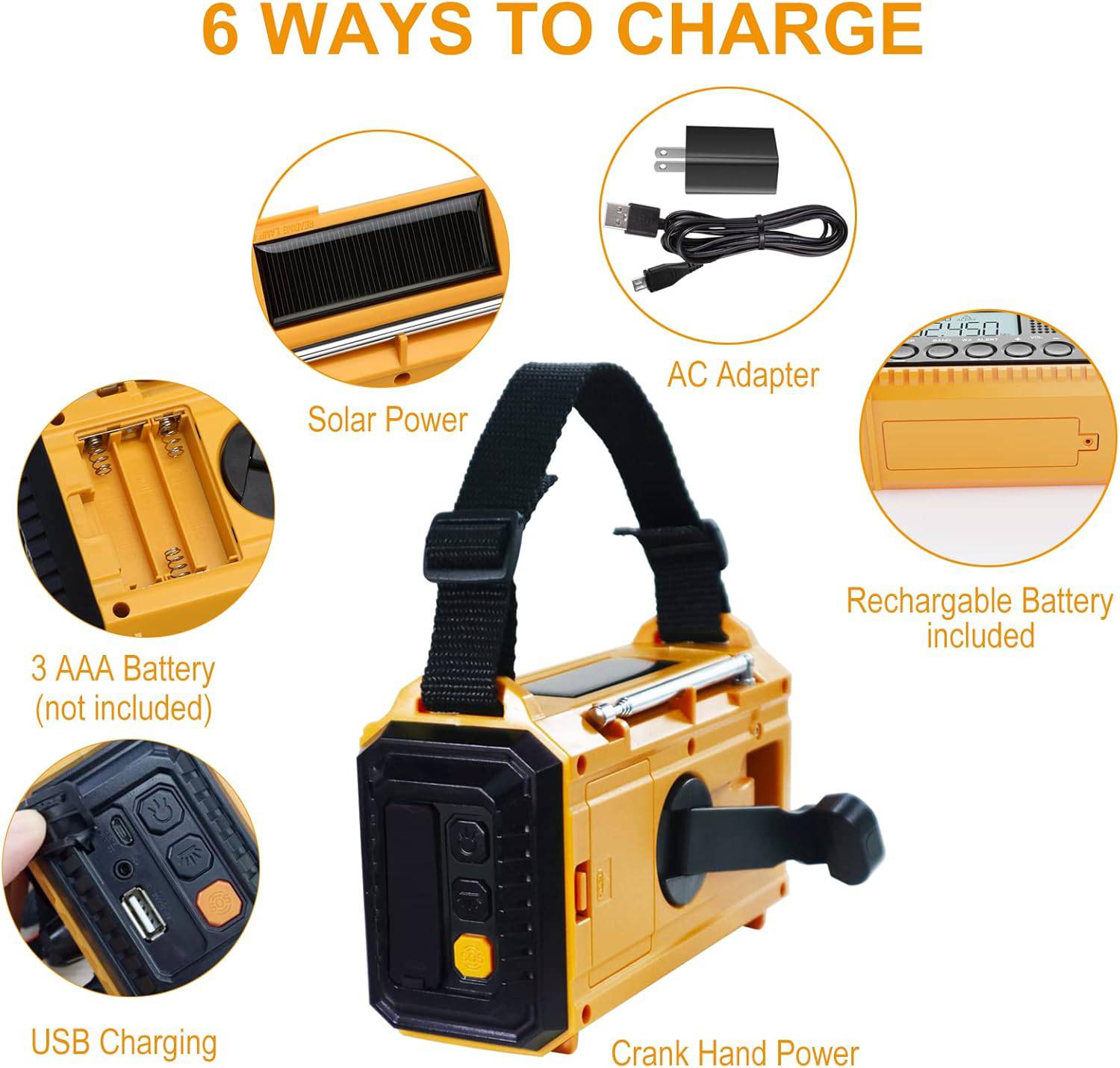 6-in-1 Emergency Radio & Power Bank – Solar, Crank Hand, USB, Flashlight, NOAA Weather Alerts