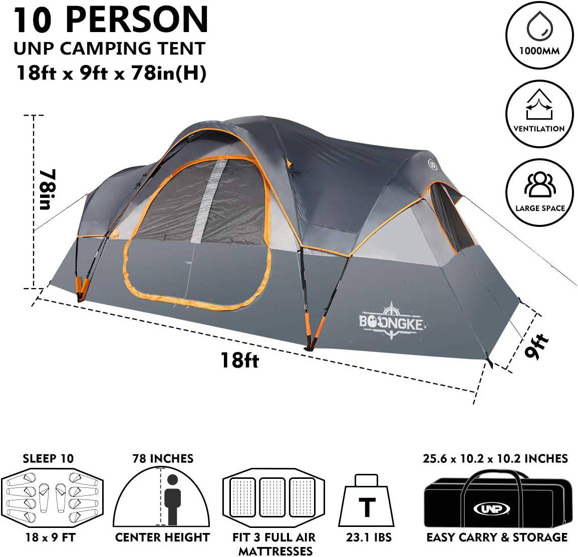 10-Person-Family Tents, Parties, Music Festival Tent, Big, Easy Up, 5 Large Mesh Windows, Double Layer, 2 Room, Waterproof, Weather Resistant, 18ft x 9ft x78in